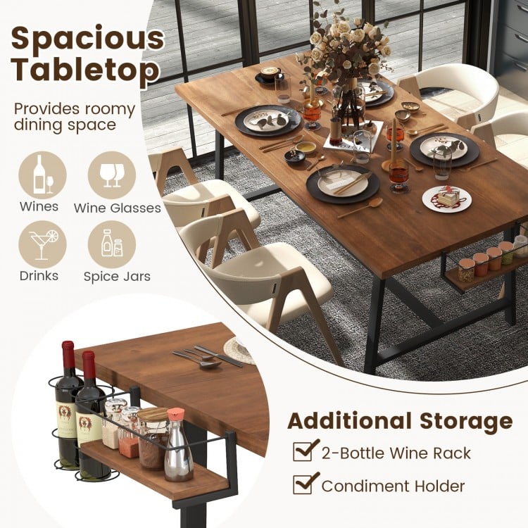 72 Inch Dining Table Rectangular Kitchen Table with 2-Bottle Wine Rack for 5-7-Walnut