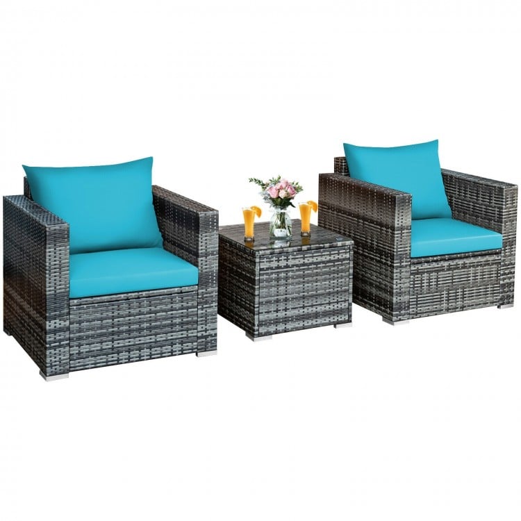 3 Pcs Patio Rattan Furniture Bistro Sofa Set with Cushioned-Turquoise