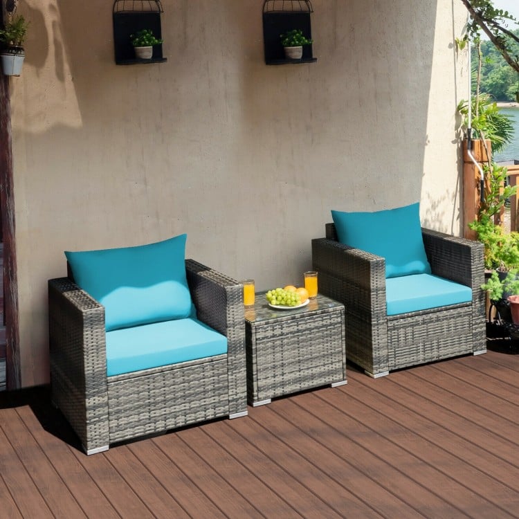 3 Pcs Patio Rattan Furniture Bistro Sofa Set with Cushioned-Turquoise