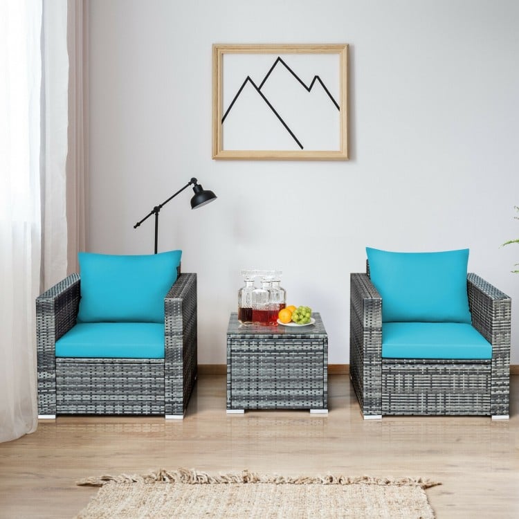 3 Pcs Patio Rattan Furniture Bistro Sofa Set with Cushioned-Turquoise
