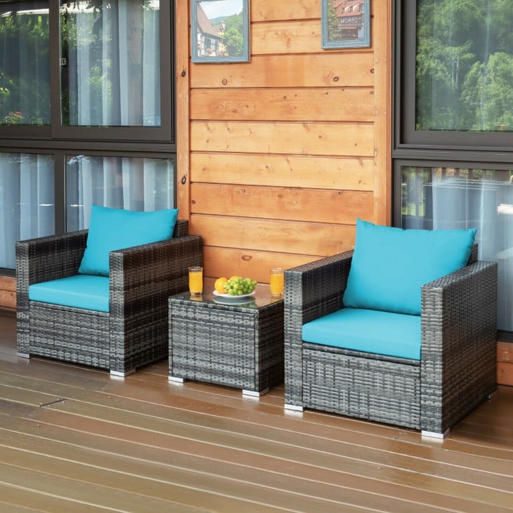 3 Pcs Patio Rattan Furniture Bistro Sofa Set with Cushioned-Turquoise