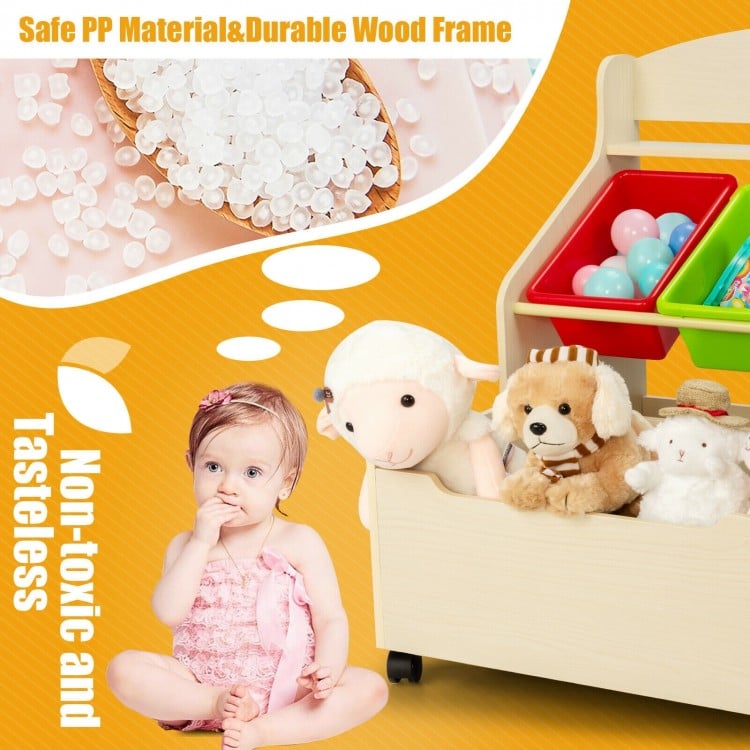 Kids Wooden Toy Storage Unit Organizer with Rolling Toy Box and Plastic Bins-Natural