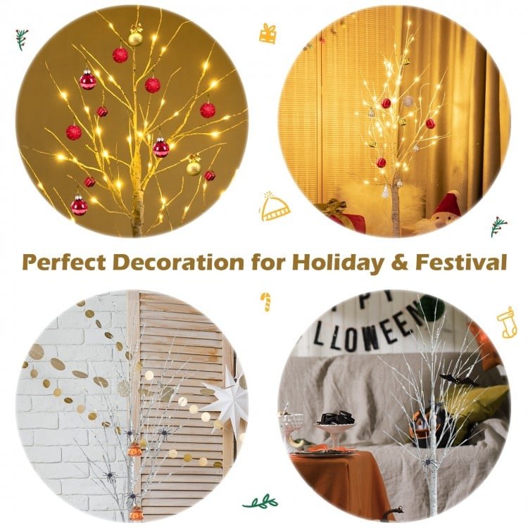 4 feet Pre-lit White Twig Birch Tree for Christmas Holiday with LED Lights