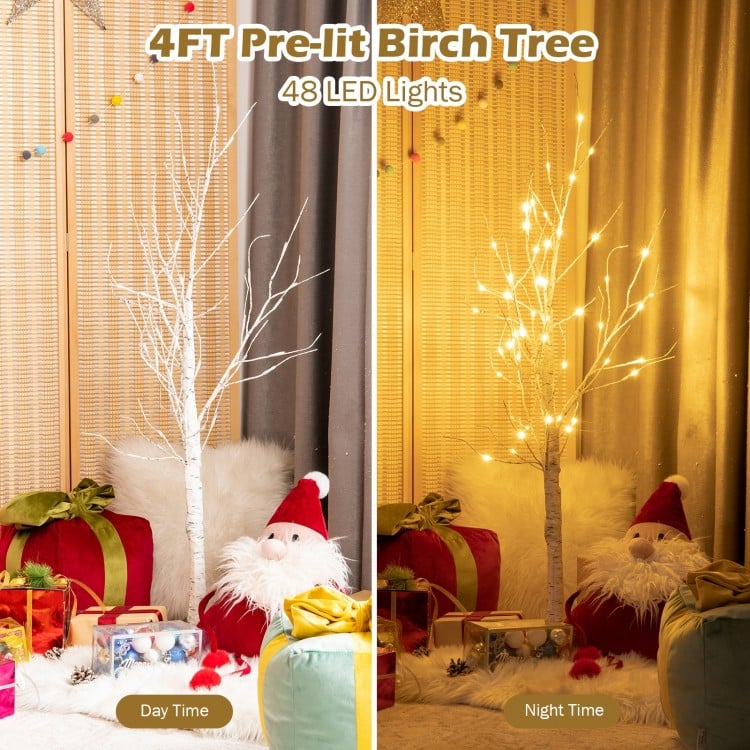 4 feet Pre-lit White Twig Birch Tree for Christmas Holiday with LED Lights