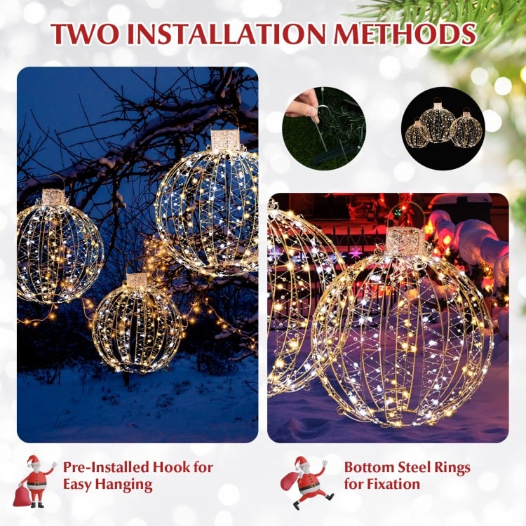 3 Pack Christmas LED Light Balls with Cable Ties and 6 Stakes
