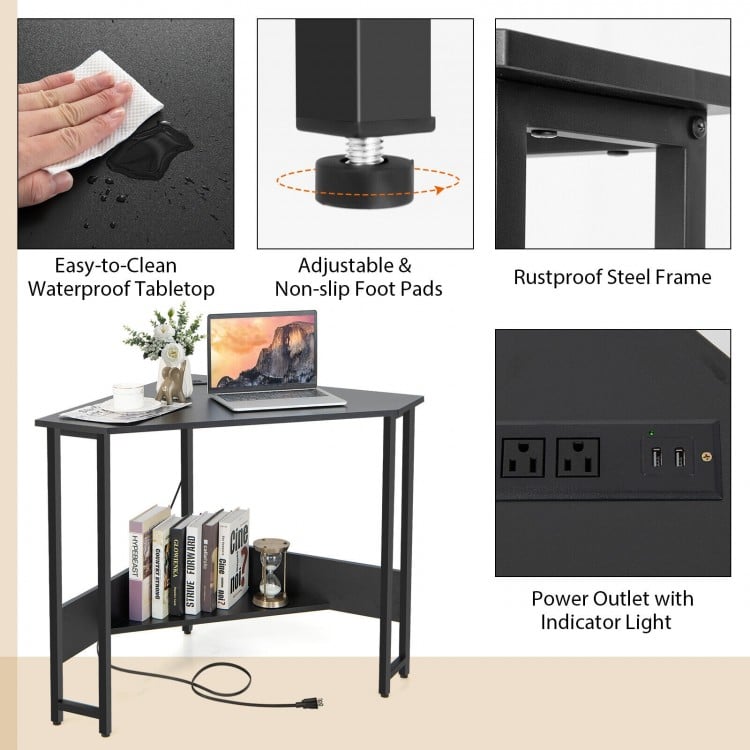 Triangle Computer Corner Desk with Charging Station-Black