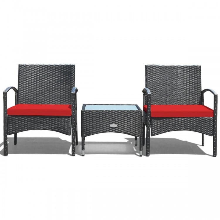 3 Pieces Patio Wicker Rattan Furniture Set with Cushion for Lawn Backyard-Red