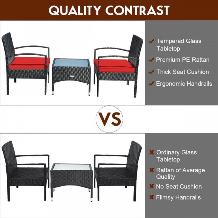 3 Pieces Patio Wicker Rattan Furniture Set with Cushion for Lawn Backyard-Red