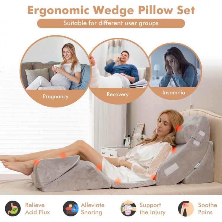6 Pieces Orthopedic Bed Wedge Pillow Set for Back Neck Leg-Gray