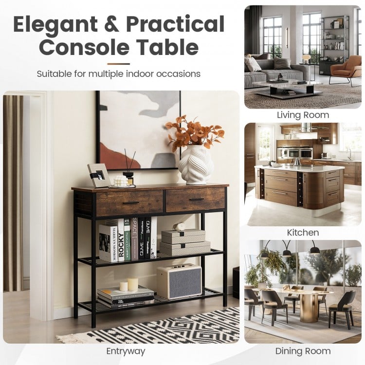 39.5 Inch Entryway Table with 2 Drawers and 2-Tier Shelves-Rustic Brown