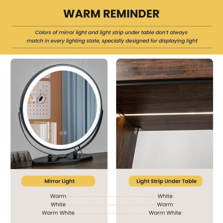 Vanity Table Set with 3-Color Lighted Mirror and Charging Station-Brown