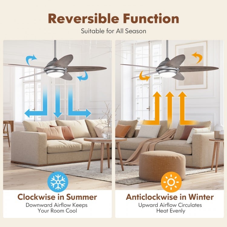 52 Inch Ceiling Fan with Lights and 3 Lighting Colors-Silver Gray