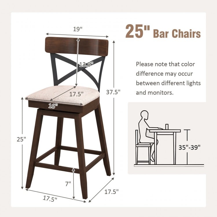 Set of 2 Wooden Swivel Bar Stools with Cushioned Seat and Open X Back-25 inches