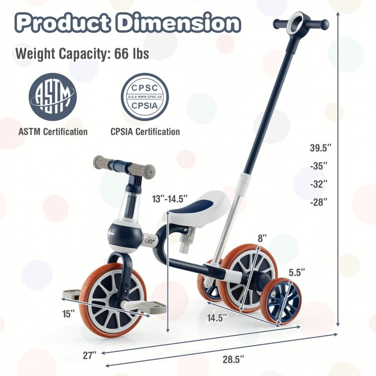 4-in-1 Kids Tricycle with Adjustable Parent Push Handle, Balance Bike & Training Trike for Ages 2–4