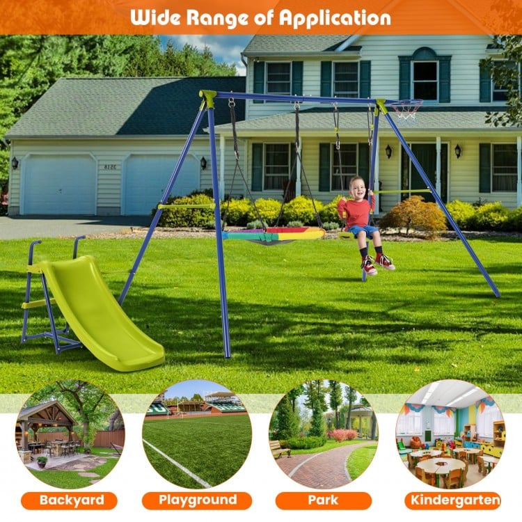 4-in-1 Heavy-Duty Metal Playset with Slide and Basketball Hoop