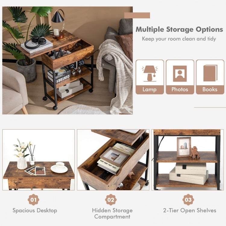 Lift Top End Table with Charging Station and Storage Shelves-Coffee