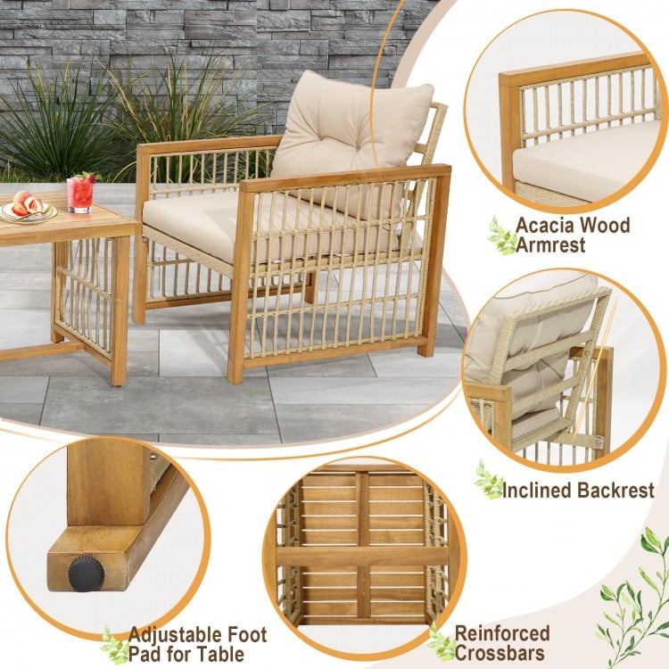 3 Pieces Patio PE Wicker Conversation Set with Acacia Wood Frame and Cushions-Beige