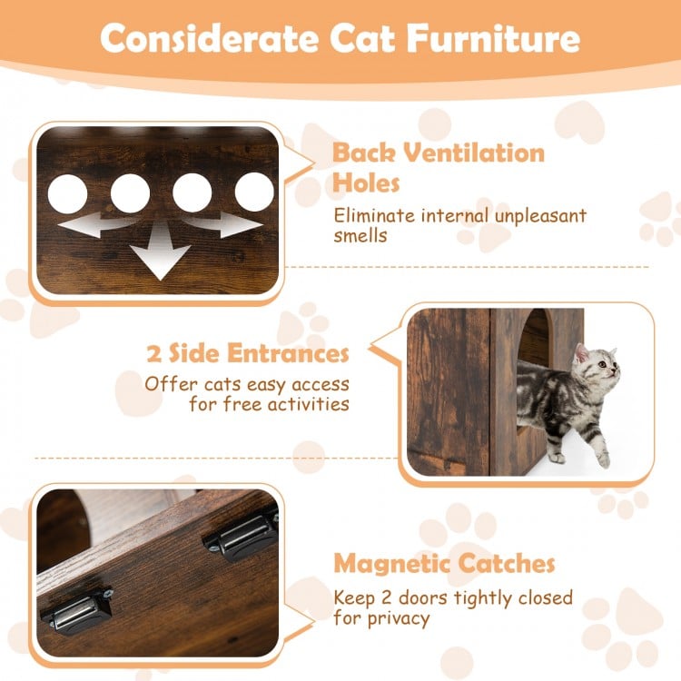 Cat Tree with Litter Box Enclosure with Cat Condo-Rustic Brown
