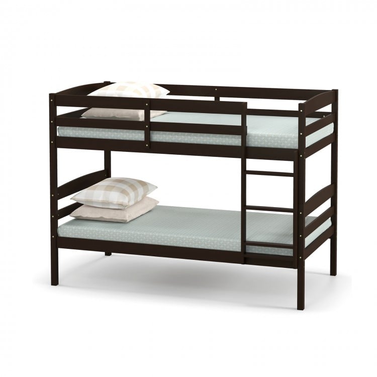 Solid Wood Twin Over Twin Bunk Bed Frame with High Guardrails and Integrated Ladder-Espresso