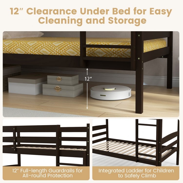 Solid Wood Twin Over Twin Bunk Bed Frame with High Guardrails and Integrated Ladder-Espresso