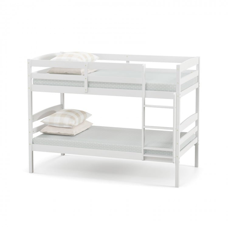 Solid Wood Twin Over Twin Bunk Bed Frame with High Guardrails and Integrated Ladder-White