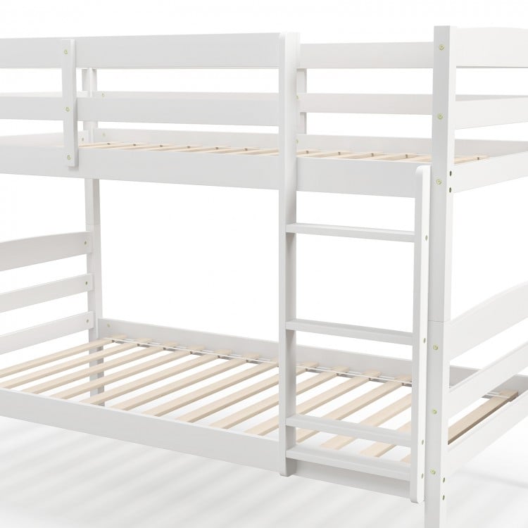 Solid Wood Twin Over Twin Bunk Bed Frame with High Guardrails and Integrated Ladder-White