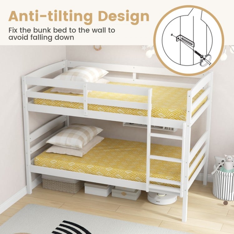 Solid Wood Twin Over Twin Bunk Bed Frame with High Guardrails and Integrated Ladder-White