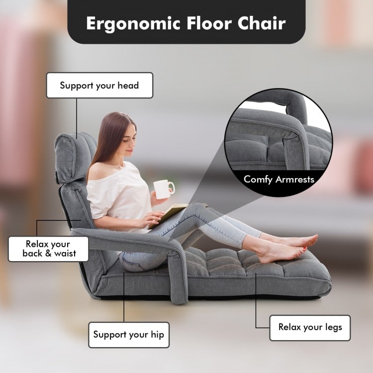 6-Position Adjustable Floor Chair with Adjustable Armrests and Footrest-Gray