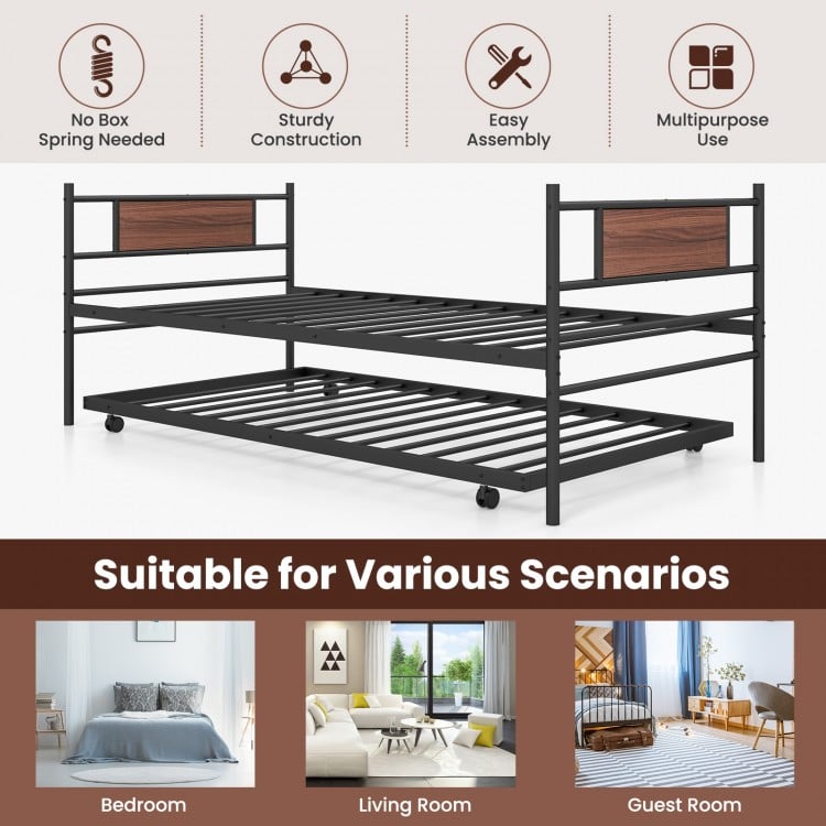 Twin Size Metal Daybed with Trundle and Wood Grain Headboard