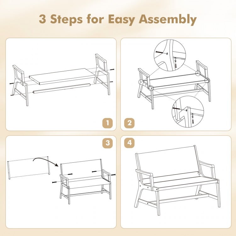 Outdoor Acacia Wood Bench with Rope Woven Backrest and Armrests for 2-Person