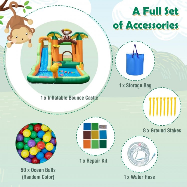 Monkey-Themed Inflatable Bounce House with Slide without Blower