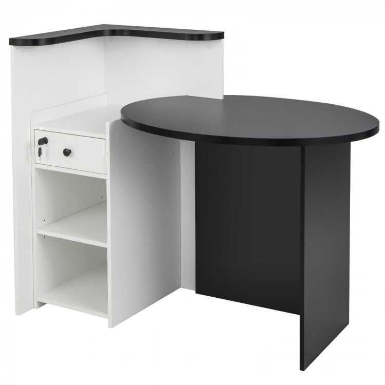 Front Reception Office Desk with Adjustable Shelf and Lockable Drawer-Black & White