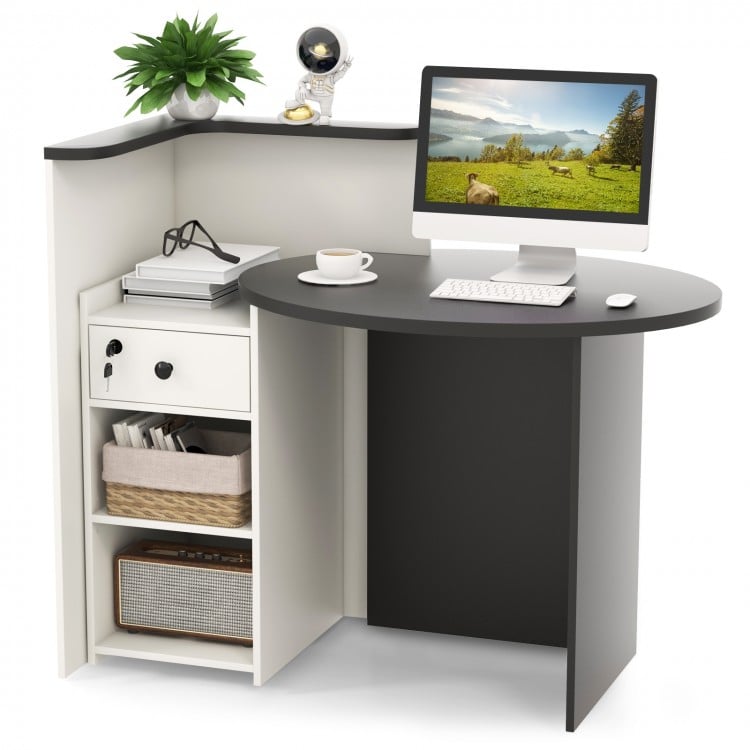 Front Reception Office Desk with Adjustable Shelf and Lockable Drawer-Black & White