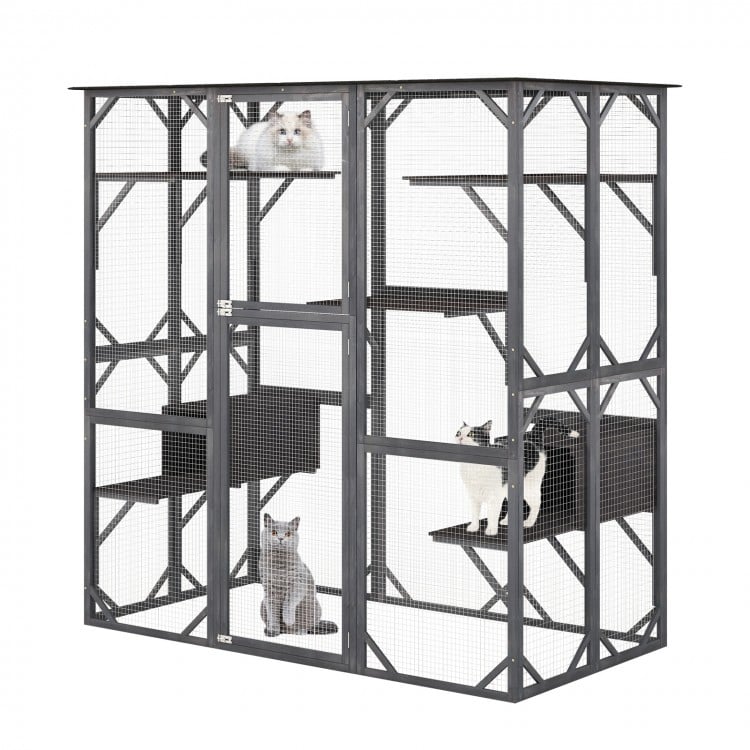 71 Inch Tall Outdoor Wooden Cat House with Weatherproof Asphalt Roof-Gray