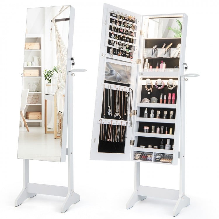 Freestanding Jewelry Cabinet with Full Length Mirror and LED Lights-White