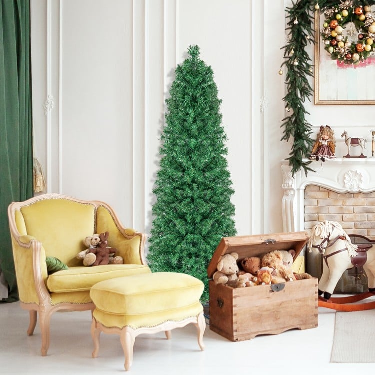 5 FT Pre-Lit Christmas Pencil Tree with Colorful Fiber Optics Green
