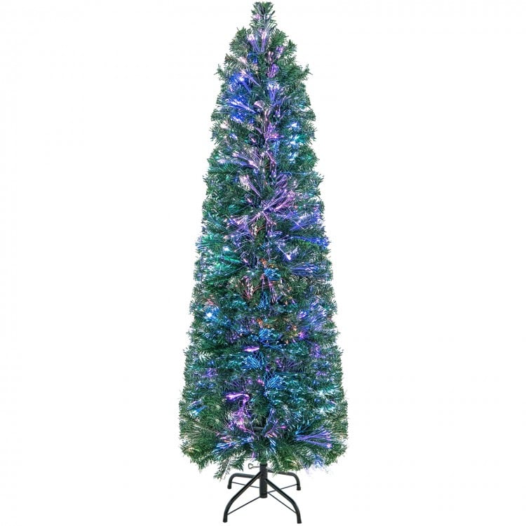 5 FT Pre-Lit Christmas Pencil Tree with Colorful Fiber Optics Green
