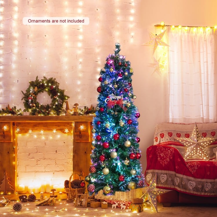 5 FT Pre-Lit Christmas Pencil Tree with Colorful Fiber Optics Green