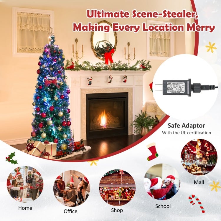 5 FT Pre-Lit Christmas Pencil Tree with Colorful Fiber Optics Green
