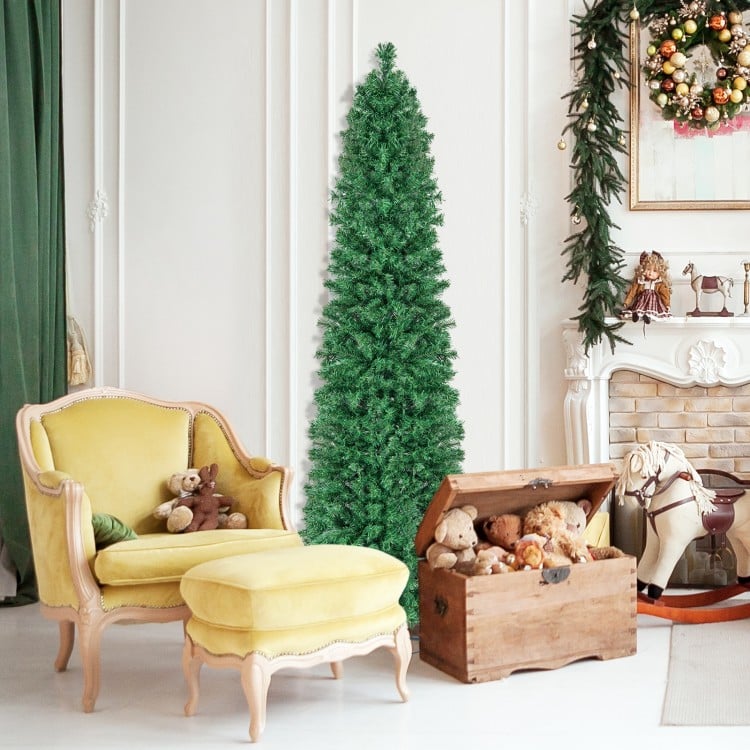 7 FT Pre-Lit Christmas Pencil Tree with Colorful Fiber Optics Green