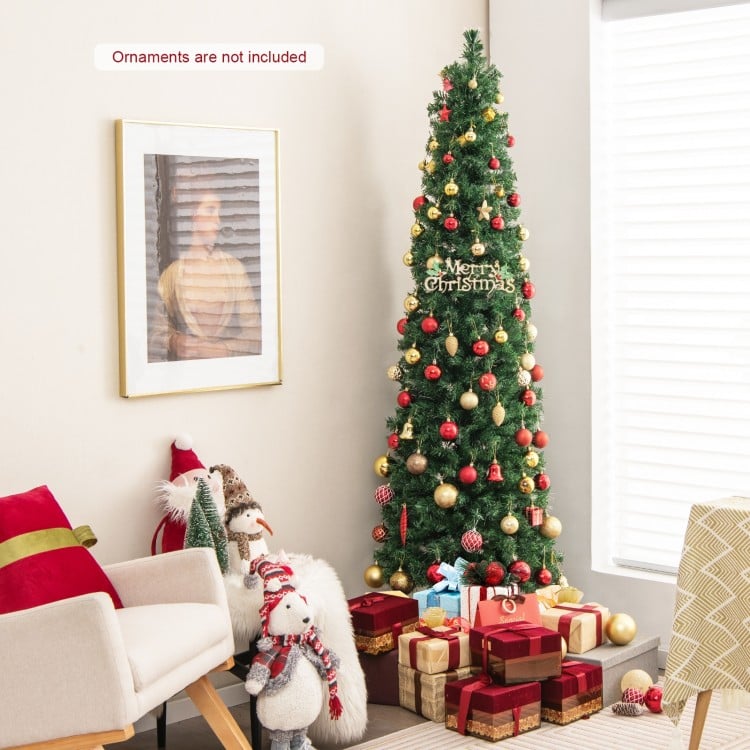 7 FT Pre-Lit Christmas Pencil Tree with Colorful Fiber Optics Green