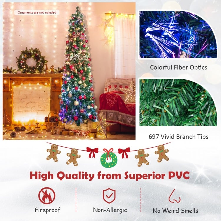 7 FT Pre-Lit Christmas Pencil Tree with Colorful Fiber Optics Green