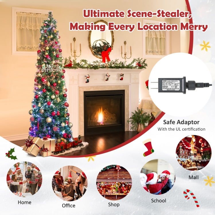 7 FT Pre-Lit Christmas Pencil Tree with Colorful Fiber Optics Green