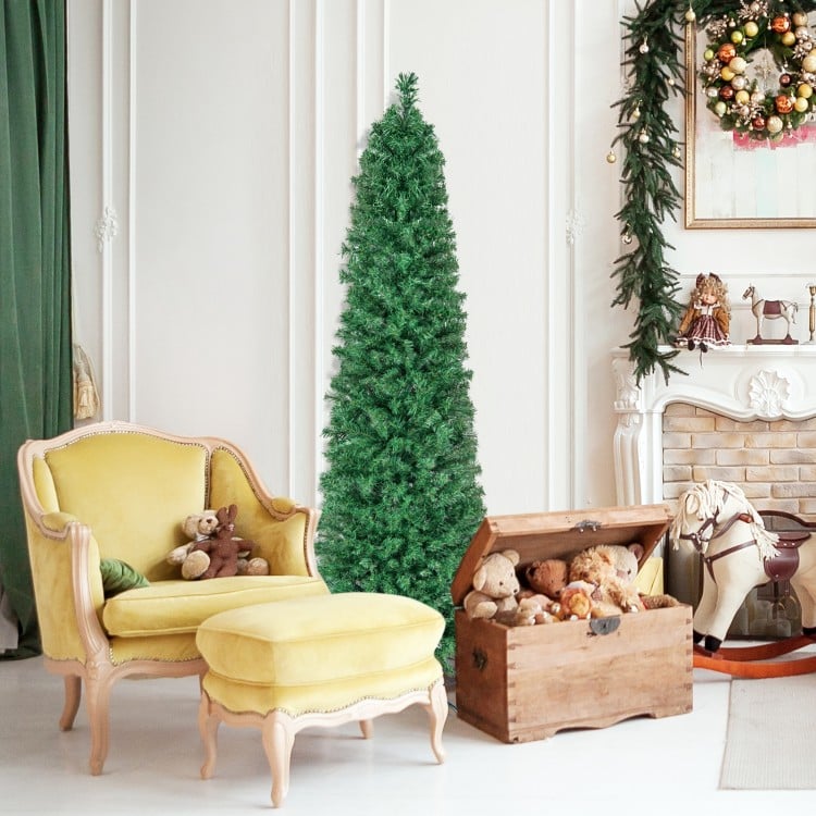 6 FT Pre-Lit Christmas Pencil Tree with Colorful Fiber Optics Green