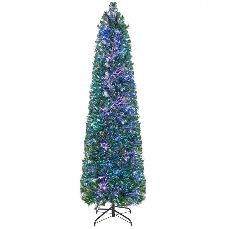 6 FT Pre-Lit Christmas Pencil Tree with Colorful Fiber Optics Green