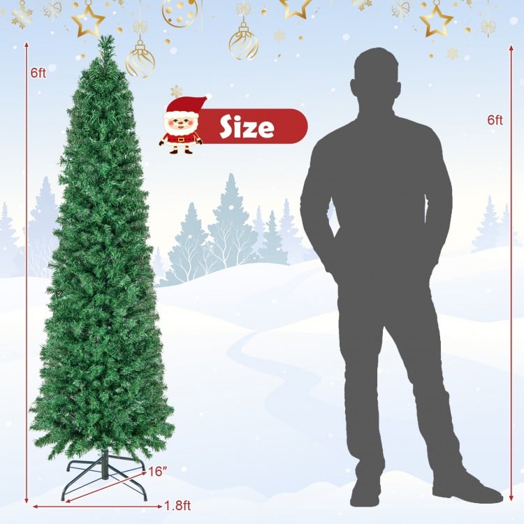 6 FT Pre-Lit Christmas Pencil Tree with Colorful Fiber Optics Green