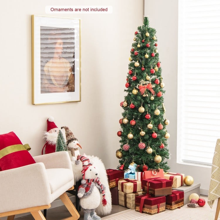 6 FT Pre-Lit Christmas Pencil Tree with Colorful Fiber Optics Green