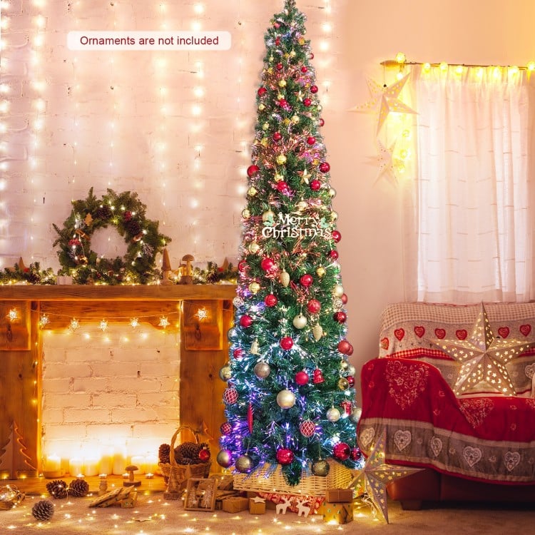 8 FT Pre-Lit Christmas Pencil Tree with Colorful Fiber Optics Green