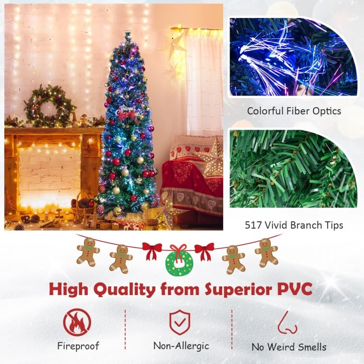 6 FT Pre-Lit Christmas Pencil Tree with Colorful Fiber Optics Green