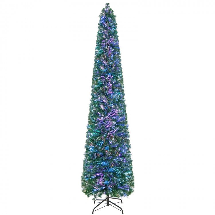 8 FT Pre-Lit Christmas Pencil Tree with Colorful Fiber Optics Green